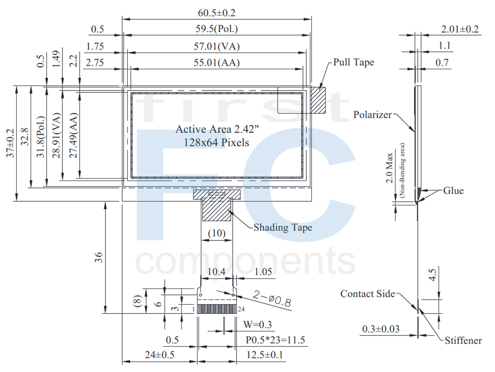 128x64 Graphic 2.42-inch COG OLED Display Module - WEO012864AL