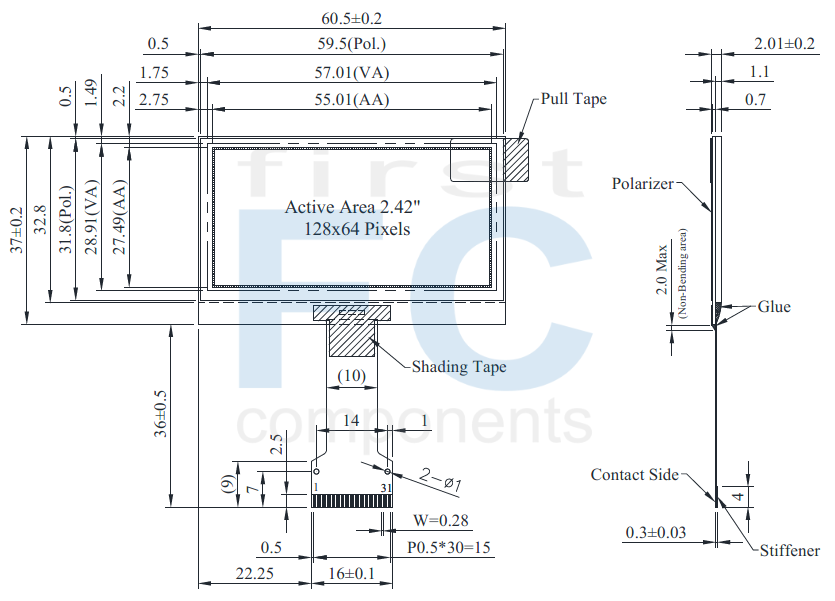 128x64 Graphic 2.42-inch COG OLED Display Module - WEO012864AL