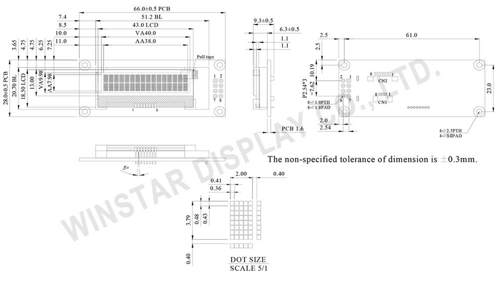 16 Characters x 2 Lines COG LCD Display - WO1602I3 / WO1602I5