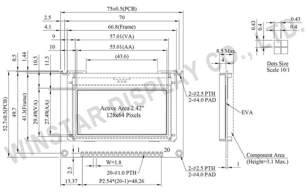 2.42-inch 128x64 Graphic OLED Display with PCB, supporting RS232 interface - WEP012864AJ(RS232)