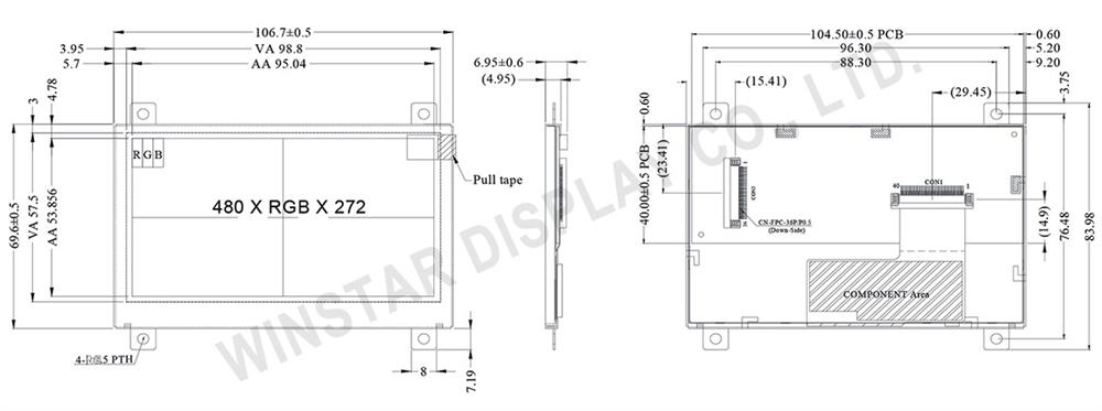 4.3" SSD1963 TFT LCD Panel with Controller Board, 4.3 TFT LCD Screen with Controller Board - WF43QTIBEDBND - Winstar