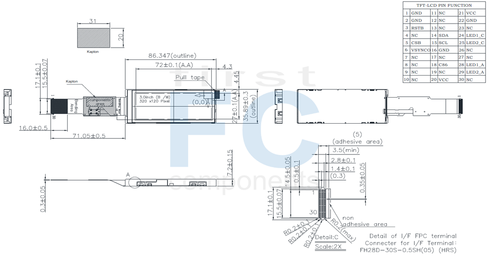 3 inch TFT LCD Display, 3-inch 320x120 Mono TFT-LCD Display - WFN0300A3T0YASNN000